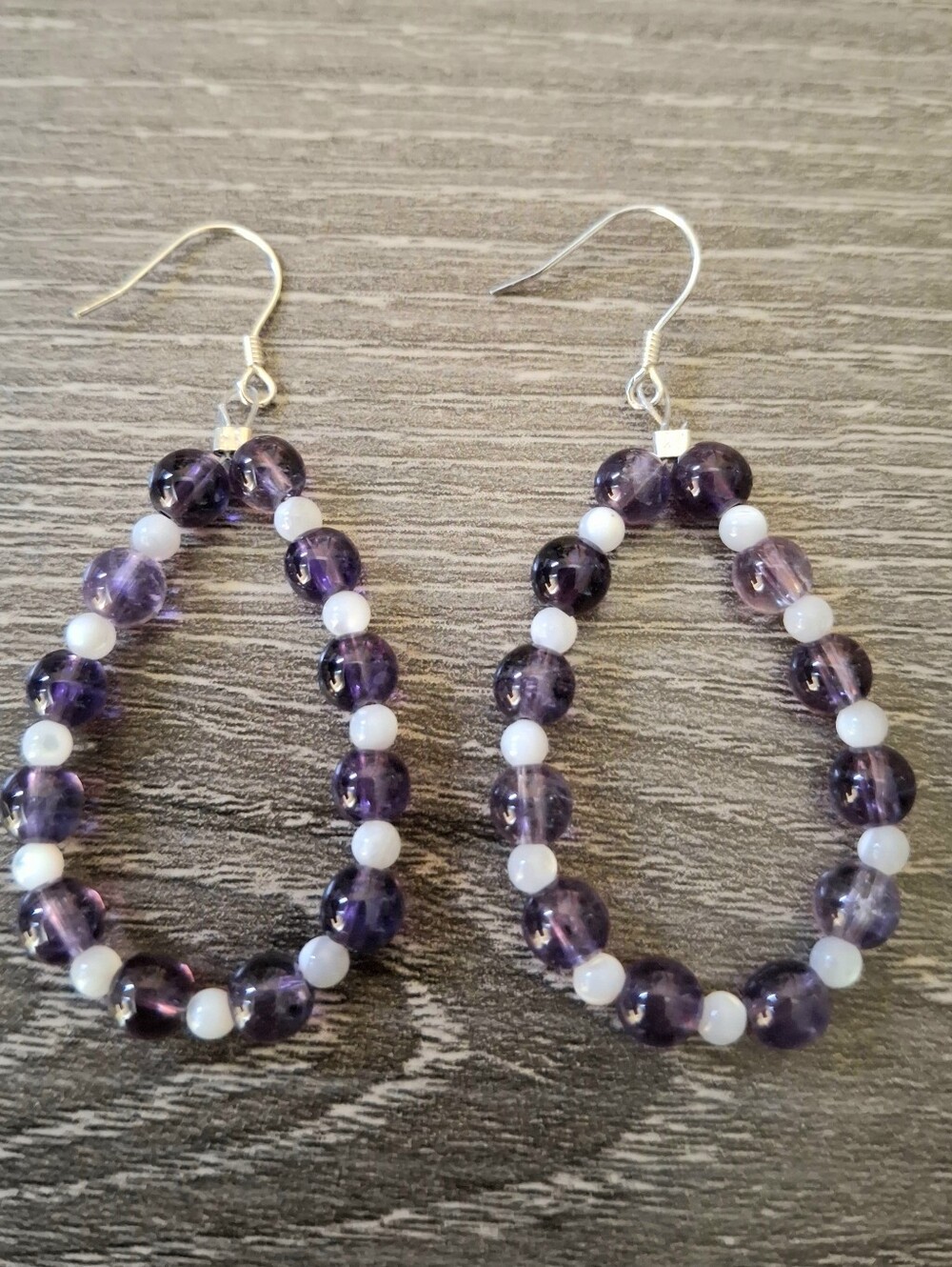 Earrings Amethyst And Mother Of Pearl Beaded Hoops Sterling Silver Handmade